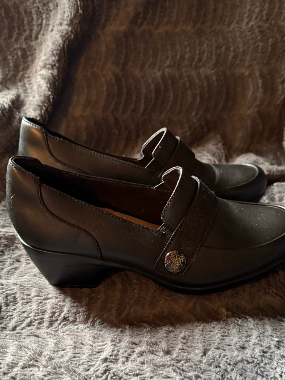 Clarks Black Leather Low Heel Loafers with Strap